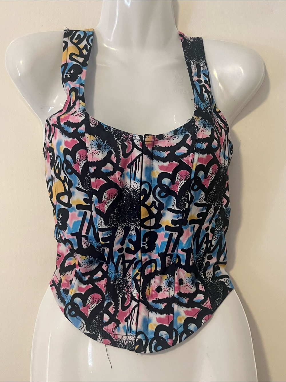 Graphic Halter Corset Crop Top XL Smiley Face Graffiti Multicolor